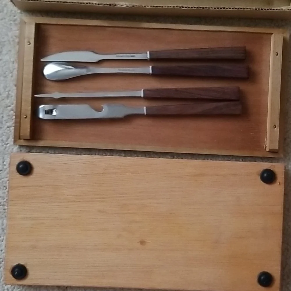 Mid Century Modern Teak & Stainless 4-PC Bar Tool
